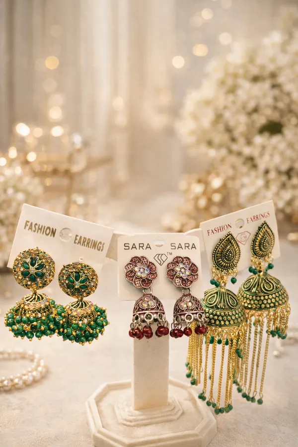 Gold_Alloy_Traditional_Jhumka_Earrings_Set_Green_Maroon_For_Women