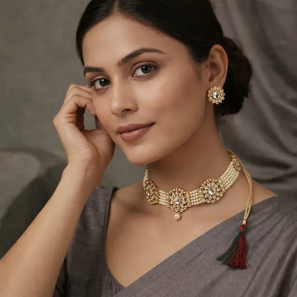 Gold_Pearl_Kundan_Floral_Choker_Necklace_Set_For_Women