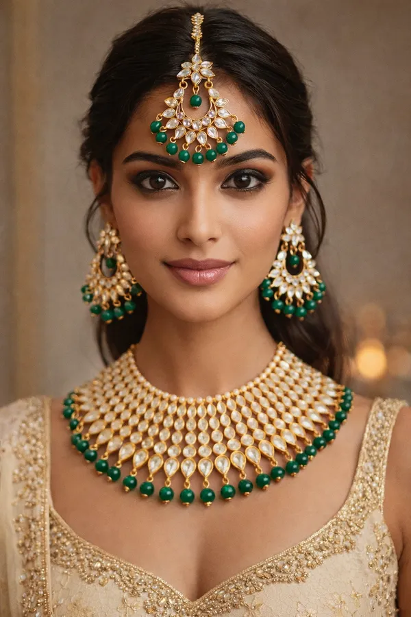 Green_Kundan_Polki_Necklace_Set_With_Earrings_And_Maang_Tikka_For_Women