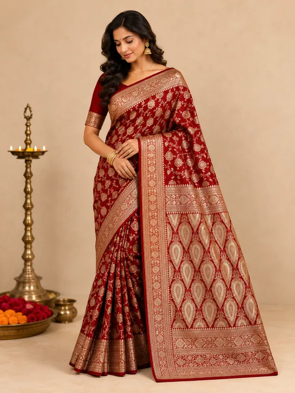 Banarsi_silk_jaal_Red_saree