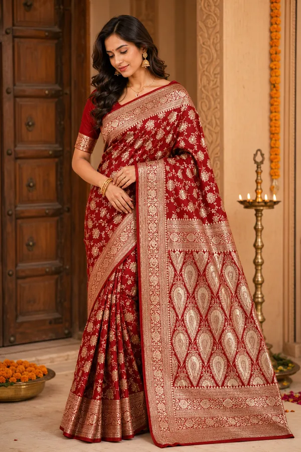 Banarsi_silk_jaal_Red_saree