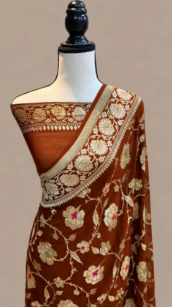 Banarasi_Georgete_Flower_Jaal_Buta_Saree_-_Brown