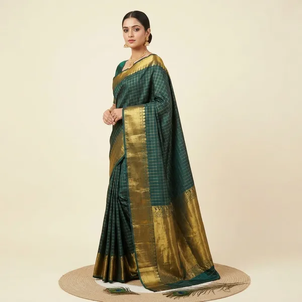 Semi_Katan_With_Katan_Gold_Zari_Saree_pooja_hegde_-_Peacock