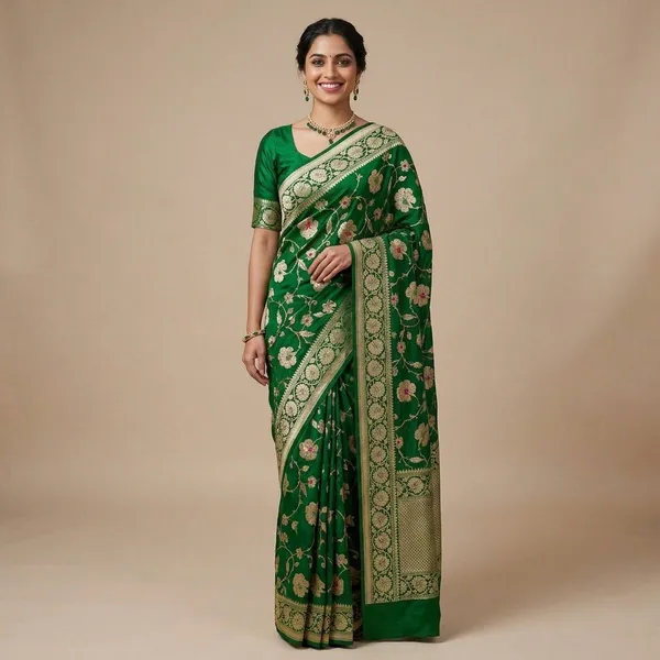 Banarasi_Georgete_Flower_Jaal_Buta_Saree_-_Panna_Green