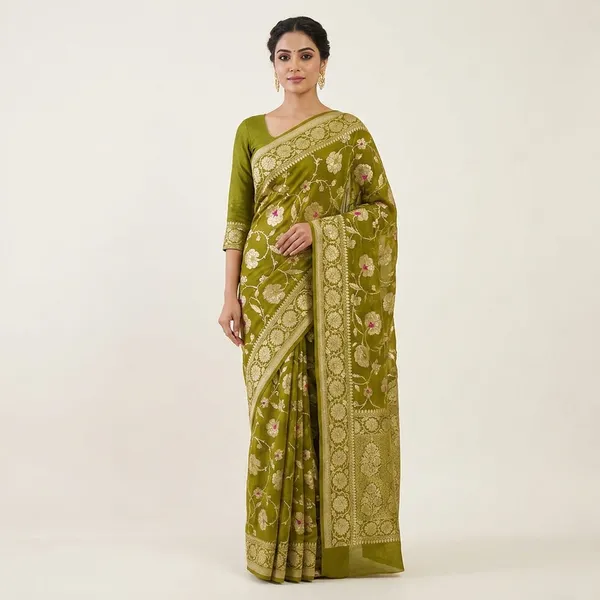 Banarasi_Georgete_Flower_Jaal_Buta_Saree_-_Mehendi_Green