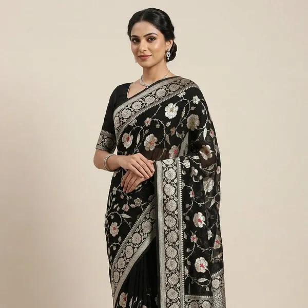 Banarasi_Georgete_Flower_Jaal_Buta_Saree_-_Black