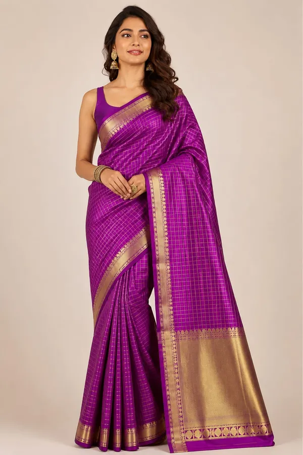 Semi_Katan_With_Katan_Gold_Zari_Saree_pooja_hegde_-_Purple
