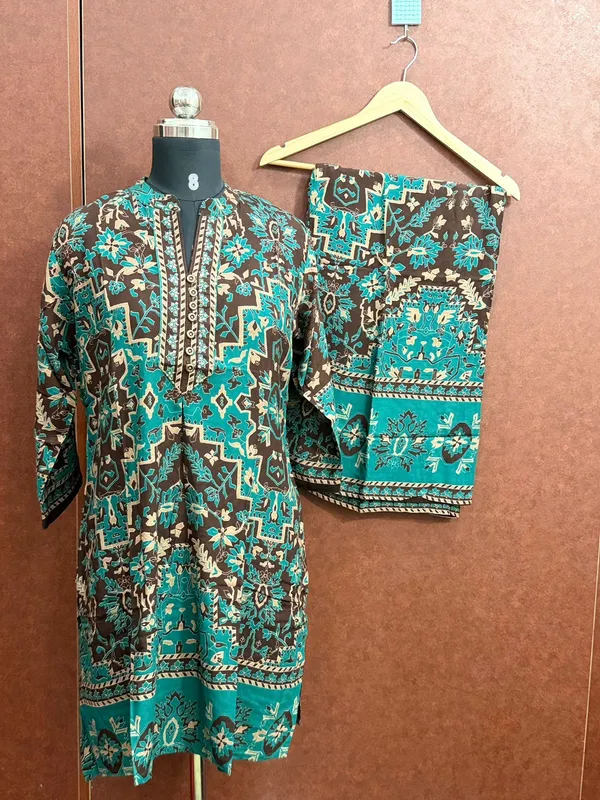 Turquoise_Brown_Cotton_Floral_Print_Kurta_Pyjama_Set_For_Women