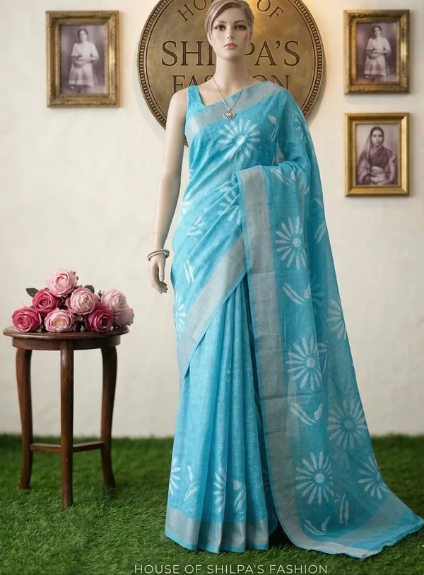 Sky_Blue_Linen_Cotton_Floral_Zari_Weave_Saree_For_Women