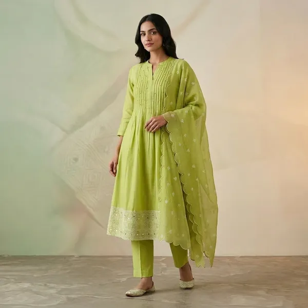 Green_Chanderi_Embroidered_Kurta_Set_For_Women