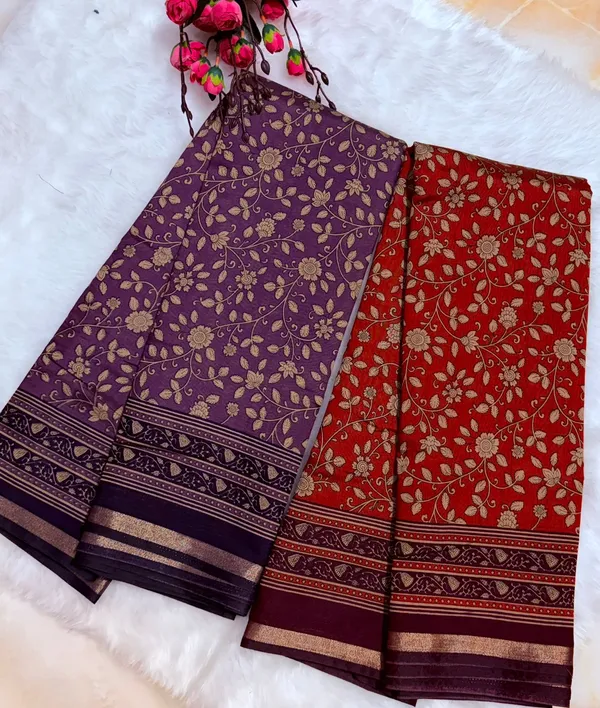 Purple_And_Red_Mul_Mul_Cotton_Floral_Print_Golden_Border_Saree_For_Women