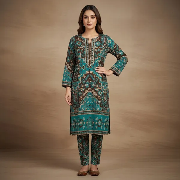 Turquoise_Brown_Cotton_Floral_Print_Kurta_Pyjama_Set_For_Women