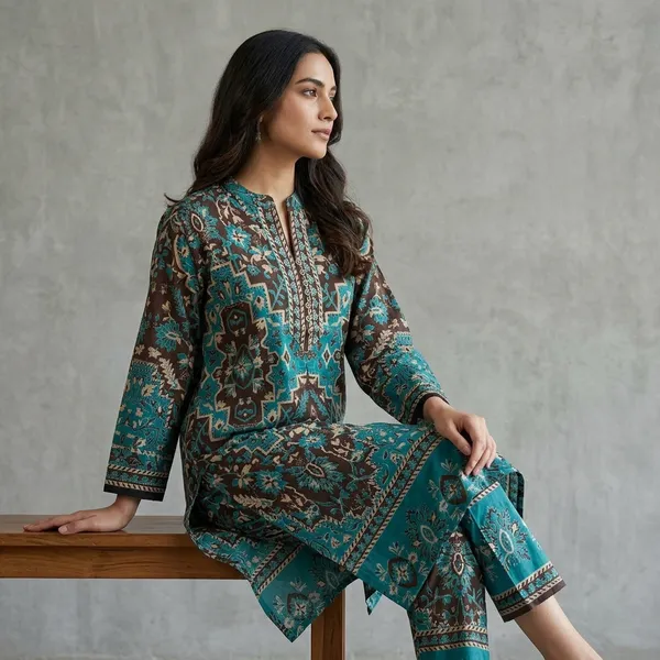 Turquoise_Brown_Cotton_Floral_Print_Kurta_Pyjama_Set_For_Women