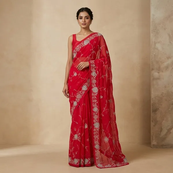 Red_Georgette_Floral_Embroidered_Saree_With_Silver_Embellishments