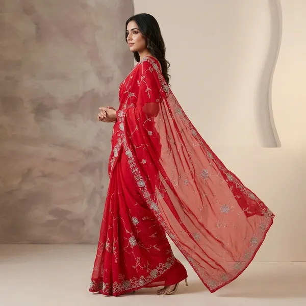 Red_Georgette_Floral_Embroidered_Saree_With_Silver_Embellishments