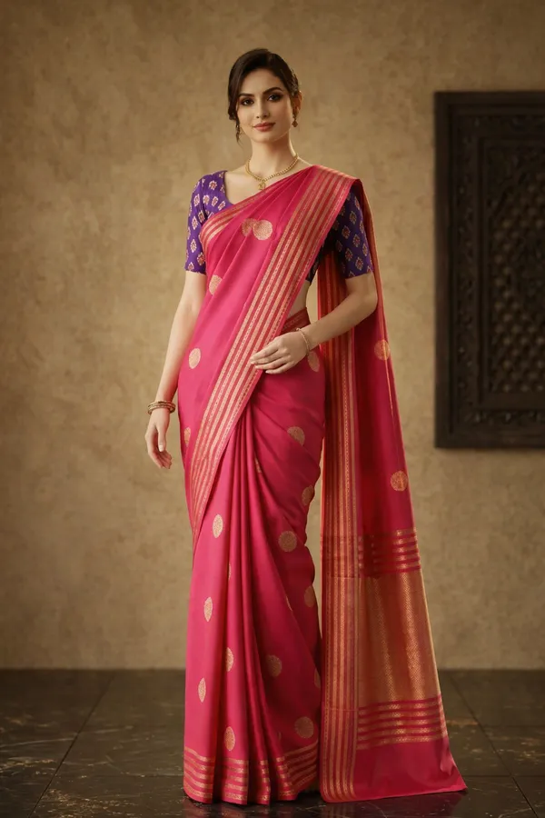 Pink_Viscose_Silk_Woven_Saree_With_Purple_Blouse_For_Women