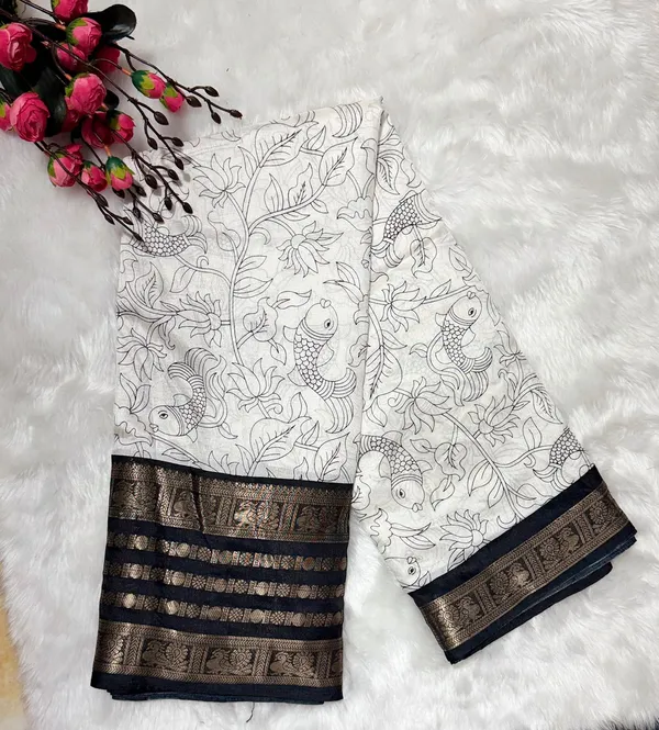 White_Dola_Silk_Printed_Saree_With_Black_Gold_Border_For_Women