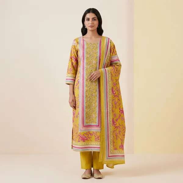 Yellow_Cotton_Floral_Print_Unstitched_Suit_Set_For_Women