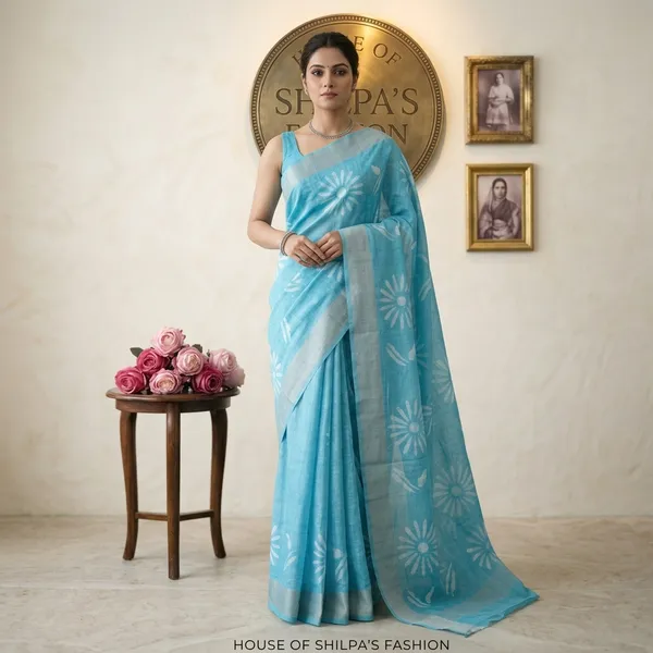 Sky_Blue_Linen_Cotton_Floral_Zari_Weave_Saree_For_Women