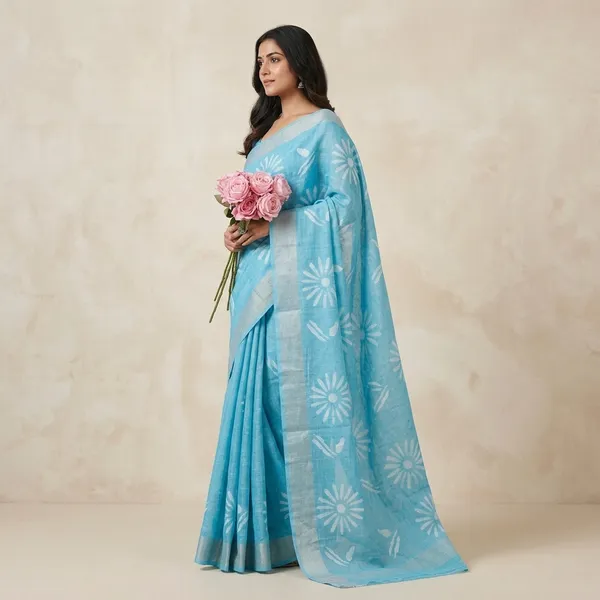 Sky_Blue_Linen_Cotton_Floral_Zari_Weave_Saree_For_Women