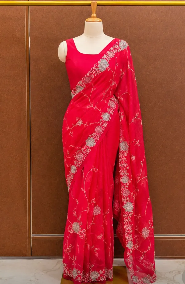 Red_Georgette_Floral_Embroidered_Saree_With_Silver_Embellishments
