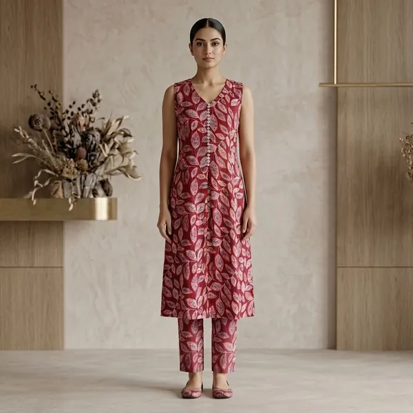 Maroon_Silk_Leaf_Print_Co-Ord_Set_For_Women