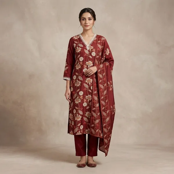 Maroon_Silk_Floral_Embroidered_Kurta_Set_For_Women