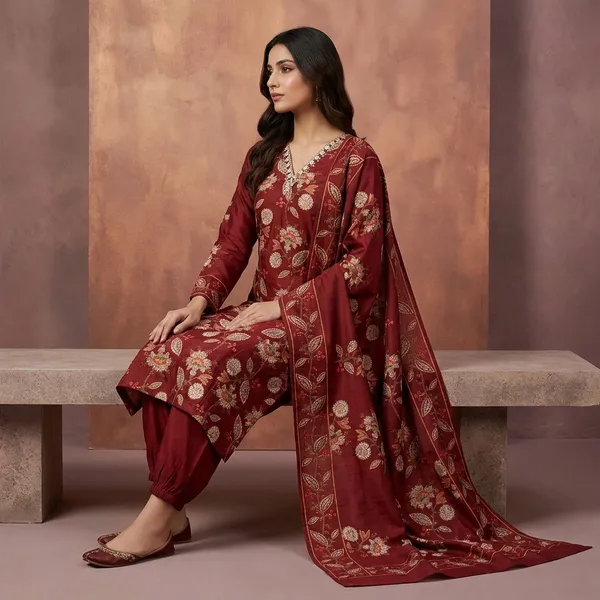 Maroon_Silk_Floral_Embroidered_Kurta_Set_For_Women