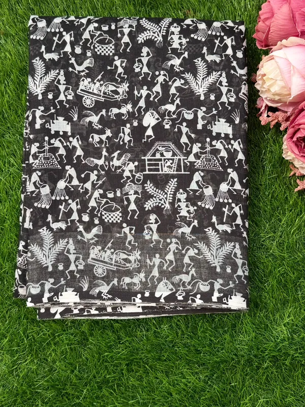 Black_White_Warli_Art_Print_Cotton_Saree_For_Women