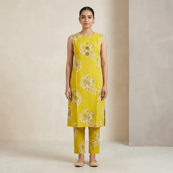 Yellow_Cotton_Floral_Print_Kurta_Pant_Set_For_Women