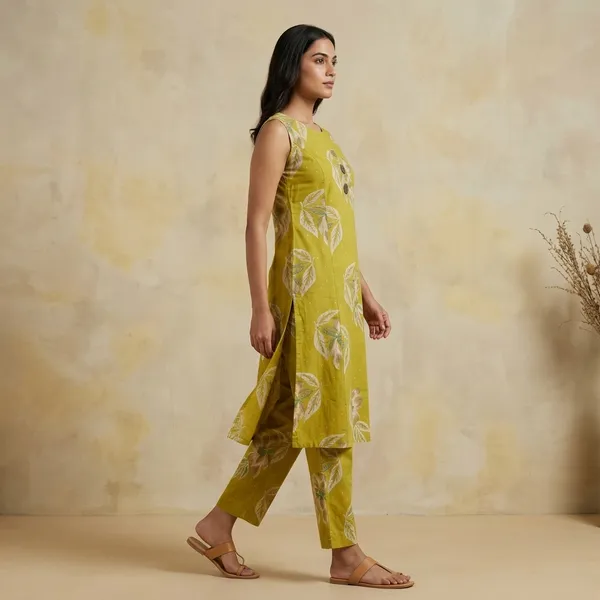 Yellow_Cotton_Floral_Print_Kurta_Pant_Set_For_Women