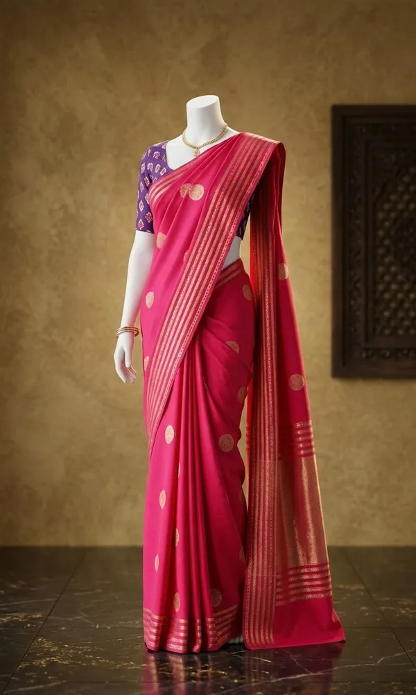 Pink_Viscose_Silk_Woven_Saree_With_Purple_Blouse_For_Women