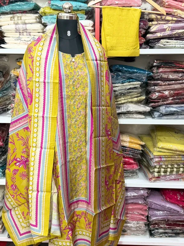 Yellow_Cotton_Floral_Print_Unstitched_Suit_Set_For_Women