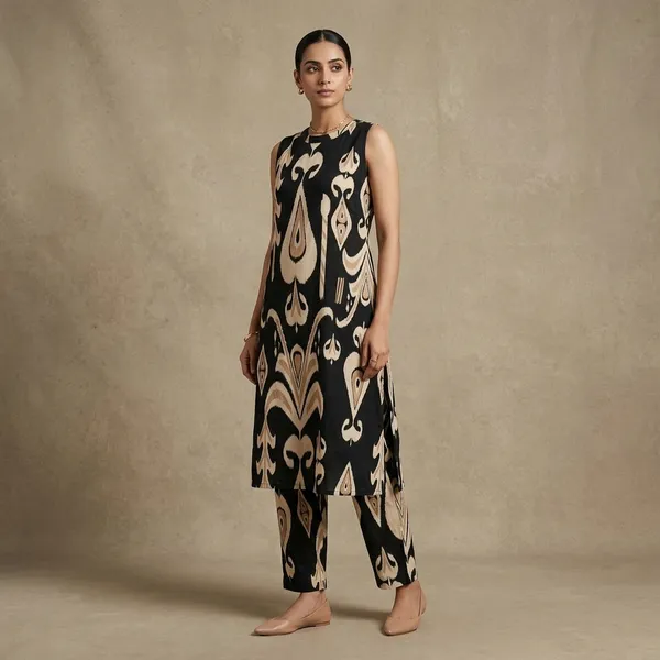 Black_Beige_Cotton_Ikat_Print_Kurta_And_Pant_Set_For_Women