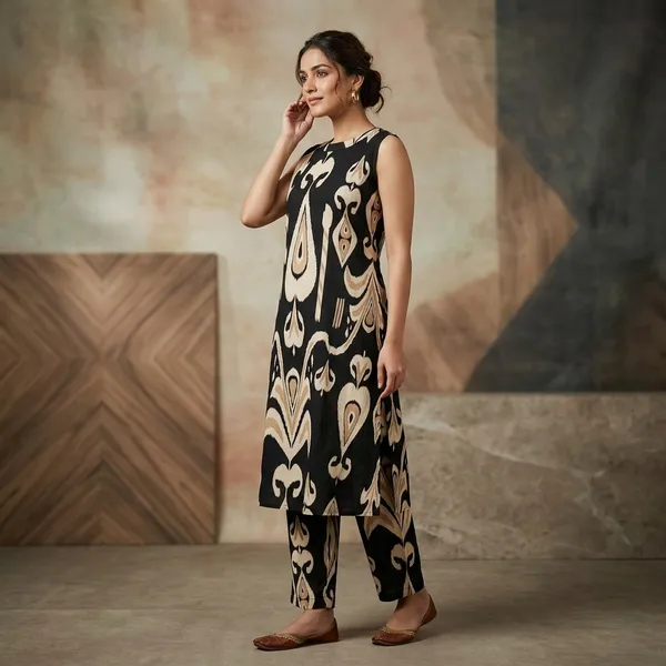Black_Beige_Cotton_Ikat_Print_Kurta_And_Pant_Set_For_Women