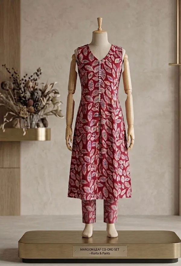 Maroon_Silk_Leaf_Print_Co-Ord_Set_For_Women