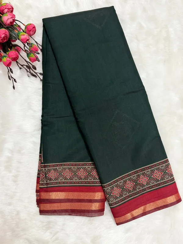 Dark_Green_Mul_Mul_Cotton_Woven_Border_Saree_For_Women