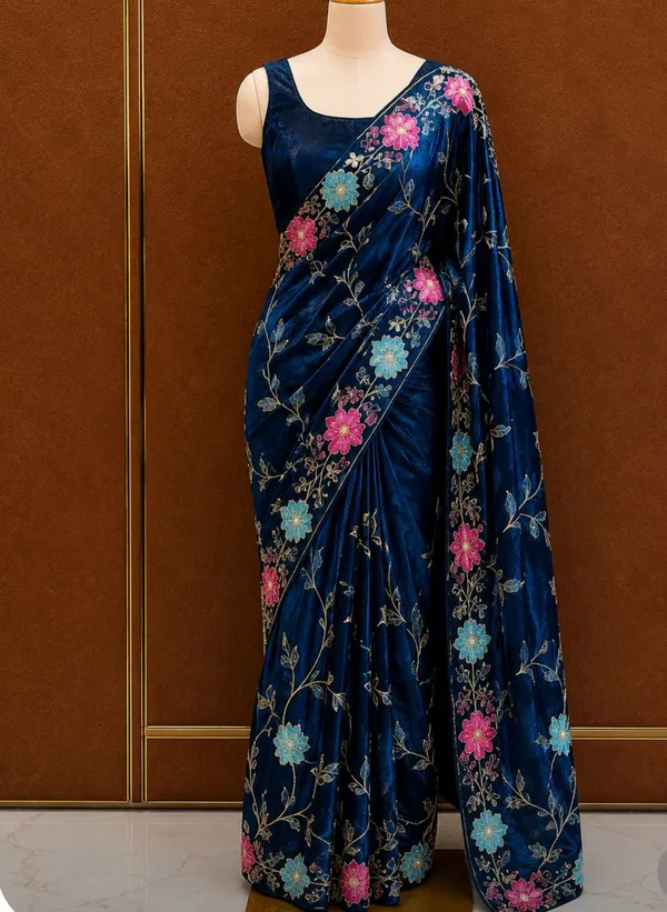 Navy_Blue_Burbury_Crush_Floral_Embroidered_Saree_For_Women