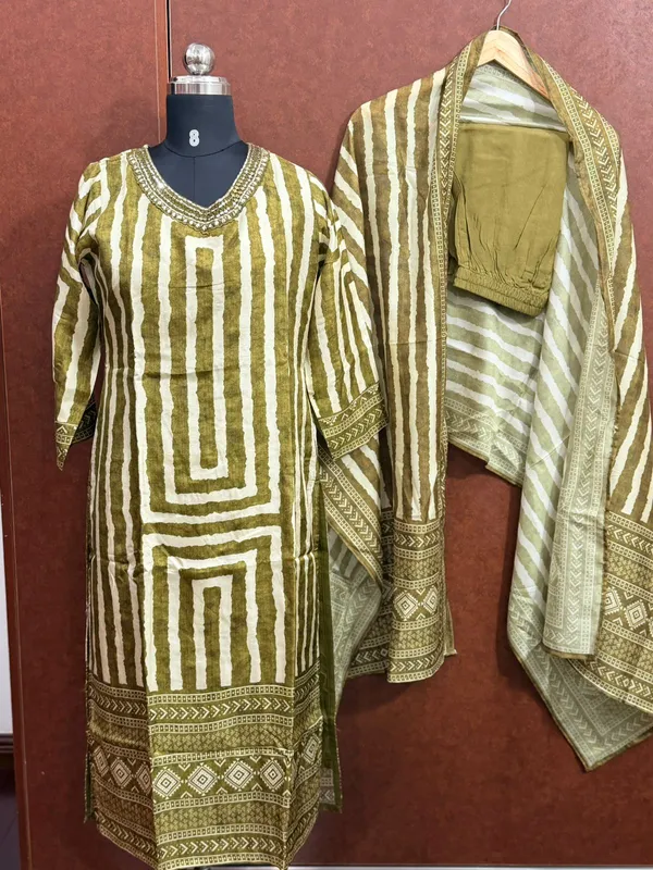 Olive_Green_Striped_Straight_Kurta_Set_With_Dupatta_For_Women