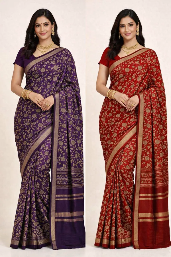 Purple_And_Red_Mul_Mul_Cotton_Floral_Print_Golden_Border_Saree_For_Women