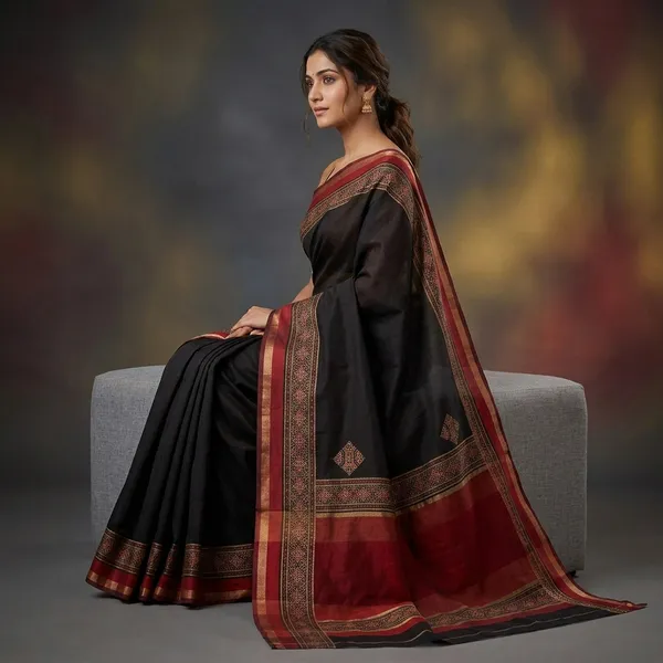 Black_Cotton_Silk_Zari_Border_Saree_For_Women