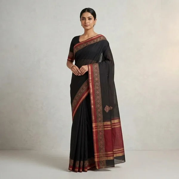 Black_Cotton_Silk_Zari_Border_Saree_For_Women