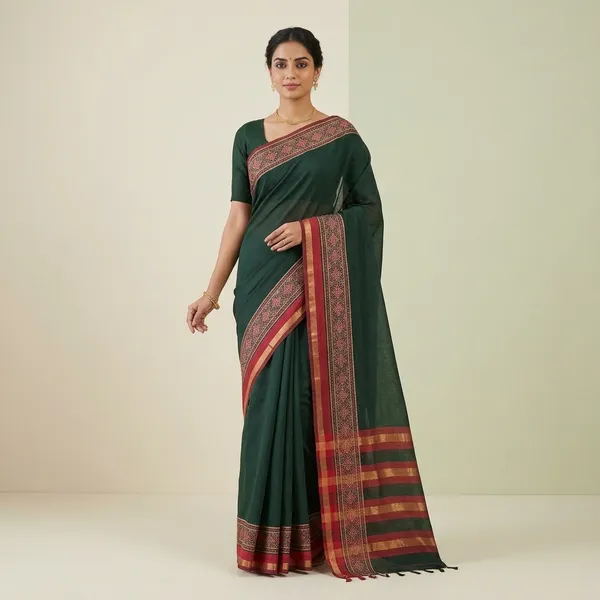 Dark_Green_Mul_Mul_Cotton_Woven_Border_Saree_For_Women
