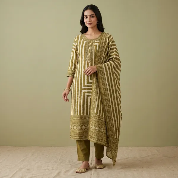 Olive_Green_Striped_Straight_Kurta_Set_With_Dupatta_For_Women