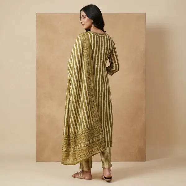 Olive_Green_Striped_Straight_Kurta_Set_With_Dupatta_For_Women