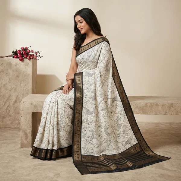 White_Dola_Silk_Printed_Saree_With_Black_Gold_Border_For_Women