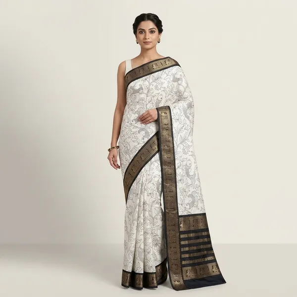 White_Dola_Silk_Printed_Saree_With_Black_Gold_Border_For_Women