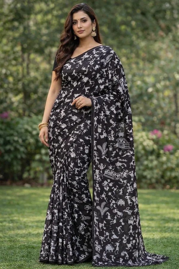 Black_White_Warli_Art_Print_Cotton_Saree_For_Women