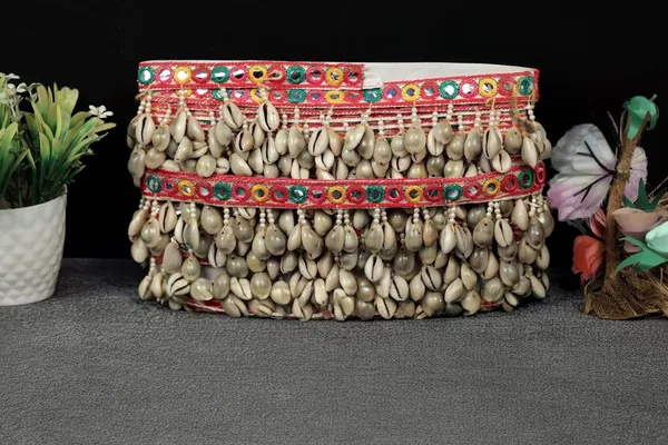Red_Embellished_Cowrie_Shell_Belt_With_Mirror_Work