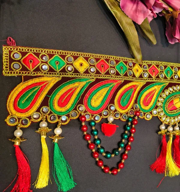 Premium_Embroidered_Om_Toran_with_Multicolor_Latkan_&_Pearl_Beadwork_{_37_INCH_}